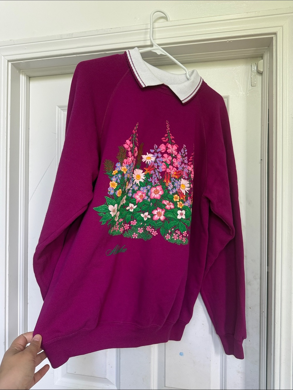 Alaska Morning Sun Pullover Sweatshirt in Vibrant Magenta with Floral and Collar